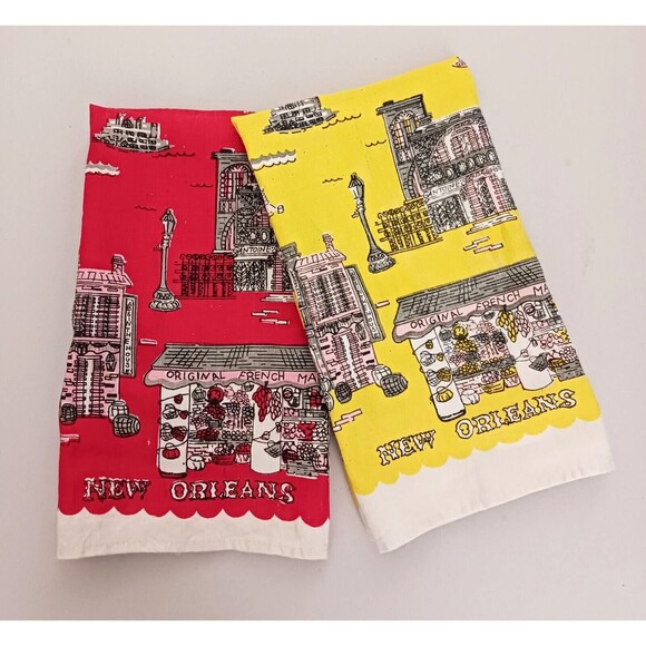 VTG S/2 Suzanne Meister Linen Tea Towels New Orleans Landmarks Red Yellow 16X28 - Picture 2 of 11